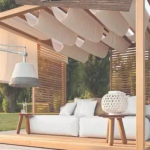 Outdoor lounge area with modern decor.