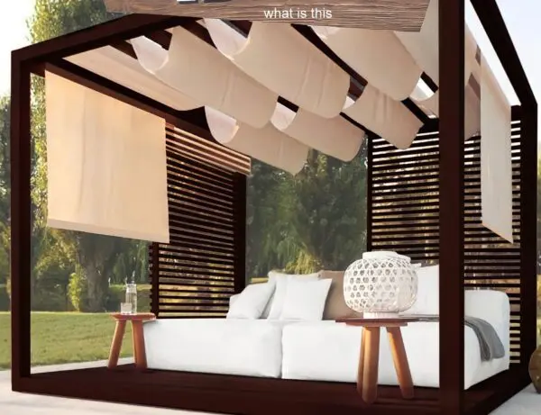 Outdoor lounge area with canopy and cushions.