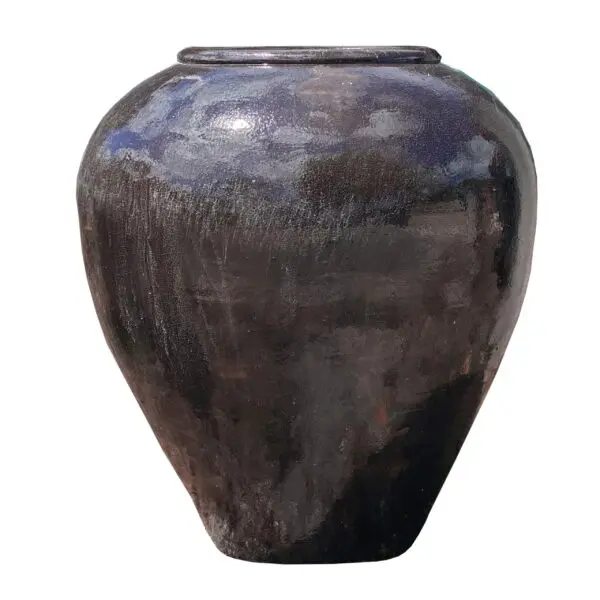 Large dark ceramic vase with smooth surface.