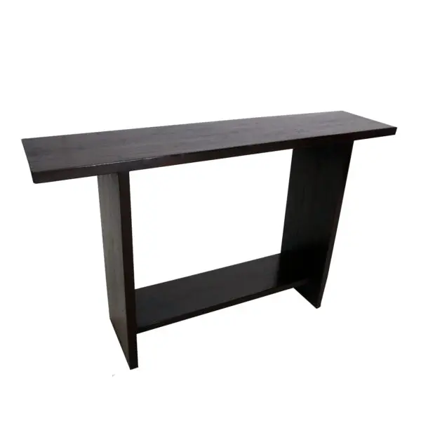 Black wooden console table with shelf.