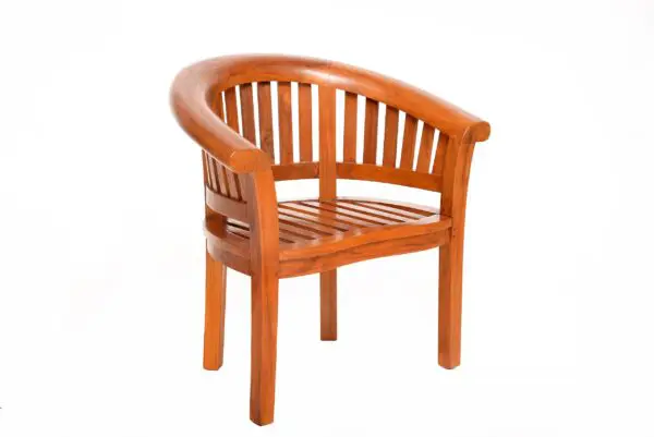 A wooden chair with curved arms and back.