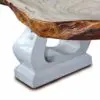 Elegant wood table with stone base.