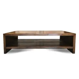 A coffee table with two shelves and a wooden top.