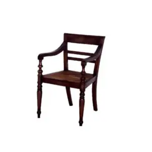 A wooden chair with a woven seat and back.