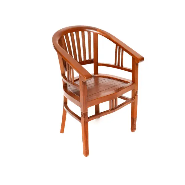 A wooden chair with arms and back rests.