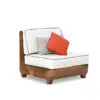 A wooden chair with white cushions and pillows.