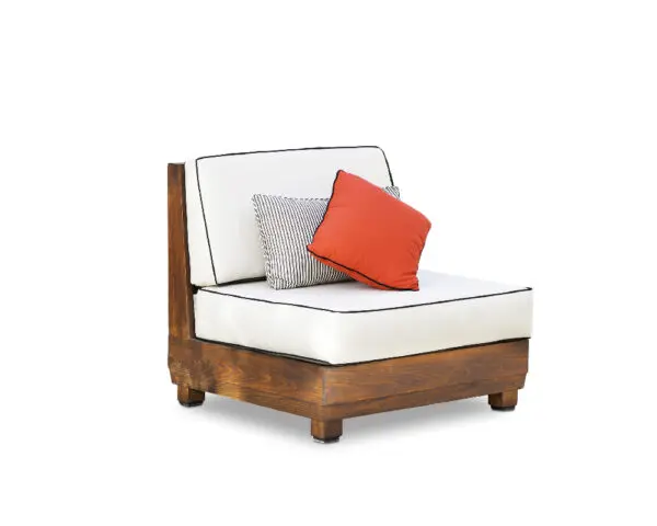 A wooden chair with white cushions and pillows.