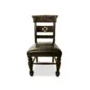 A wooden chair with a black leather seat.