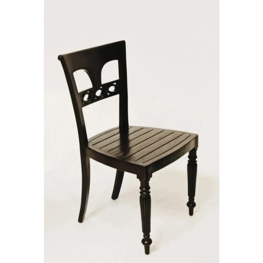 A black wooden chair with a wooden seat.