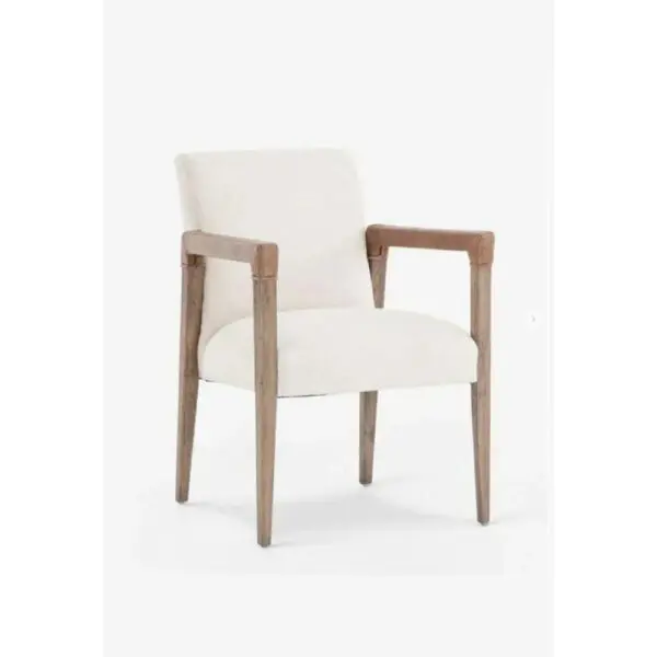 A white chair with wooden arms and legs.