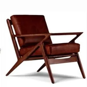 A brown chair with wooden arms and legs.