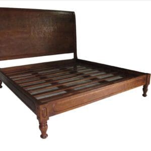 Wooden bed frame with headboard and slats.