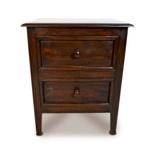 A wooden table with two drawers and a small cabinet.