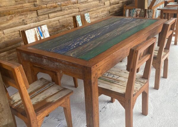 A table and chairs made out of wood