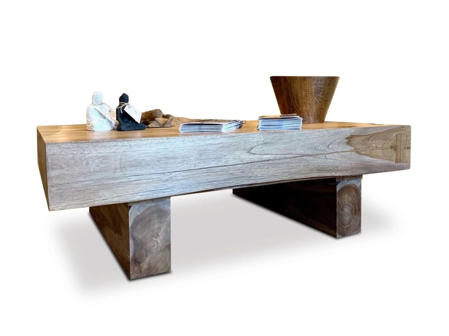 A wooden table with two people sitting on it.
