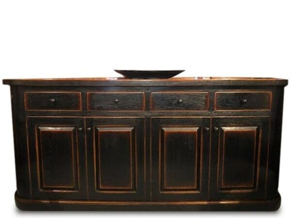 A black and brown wooden cabinet with drawers.