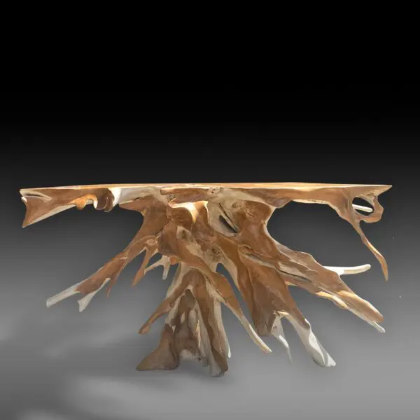 A wooden table with branches and leaves on it.