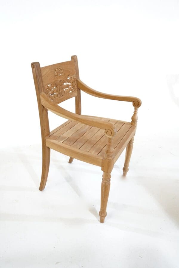 A wooden chair with arms and a seat.