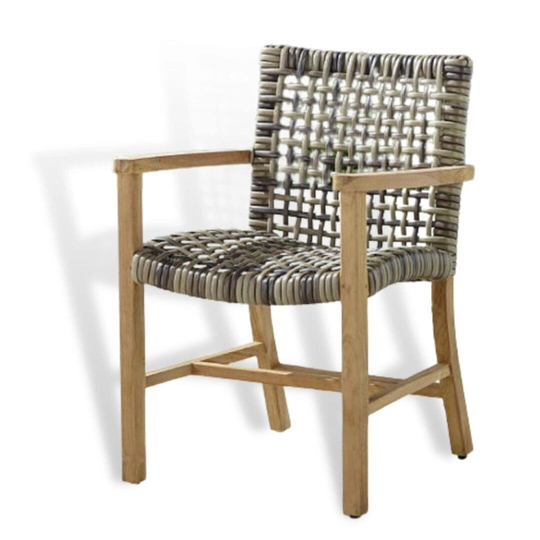 A wooden chair with a woven seat and back.