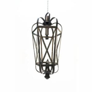 A black metal hanging light fixture with a white background