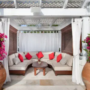 A living room with a couch and table