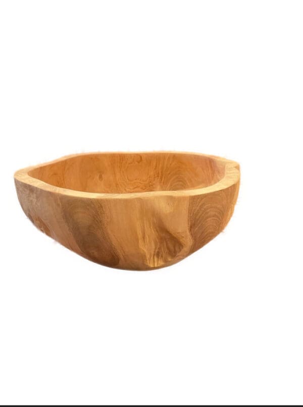 A wooden bowl with no rim on top of white background.