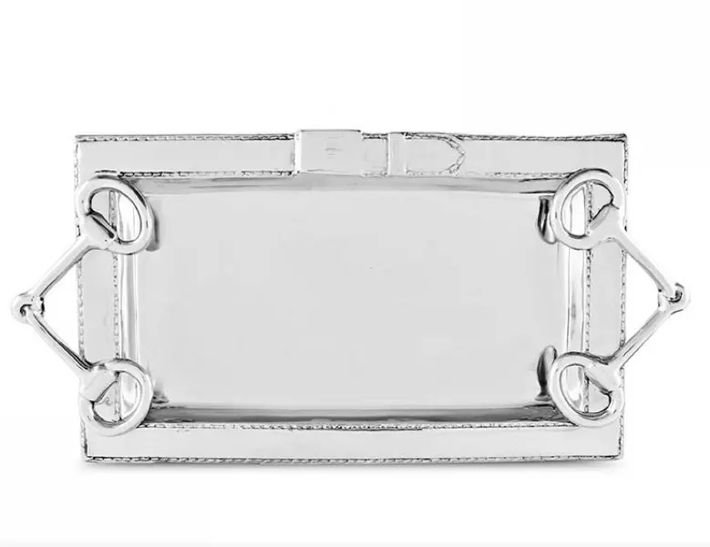 A silver plate with a rectangular shape.