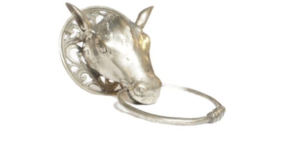 A silver horse head with a ring around it's neck.