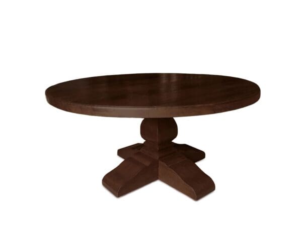 A round table with four legs and two leaves.