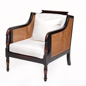 A chair with white cushion and black frame.