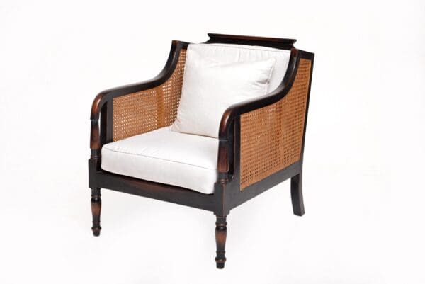 A chair with white cushion and black frame.