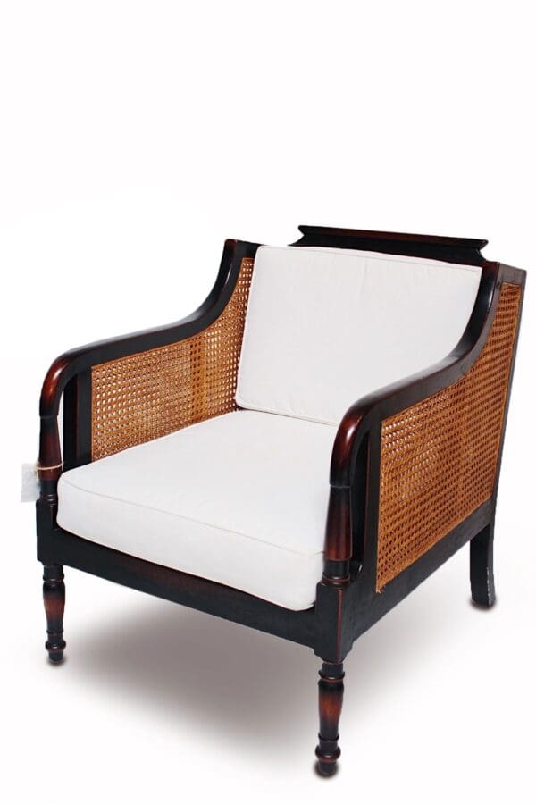 A chair with white cushion and black frame