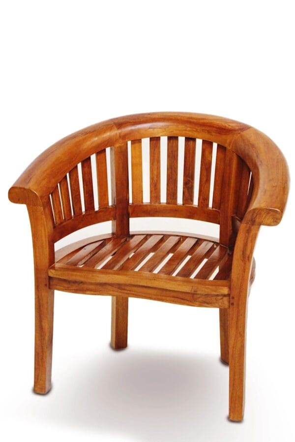 A wooden chair with a wood seat and back.