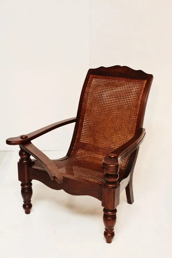 A wooden chair with a woven back and seat.