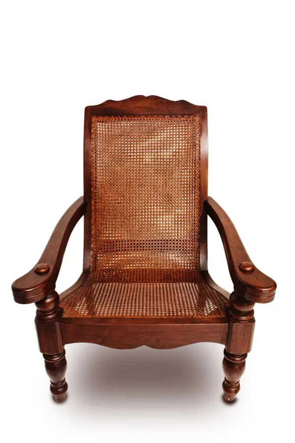 A wooden chair with a woven seat and back.