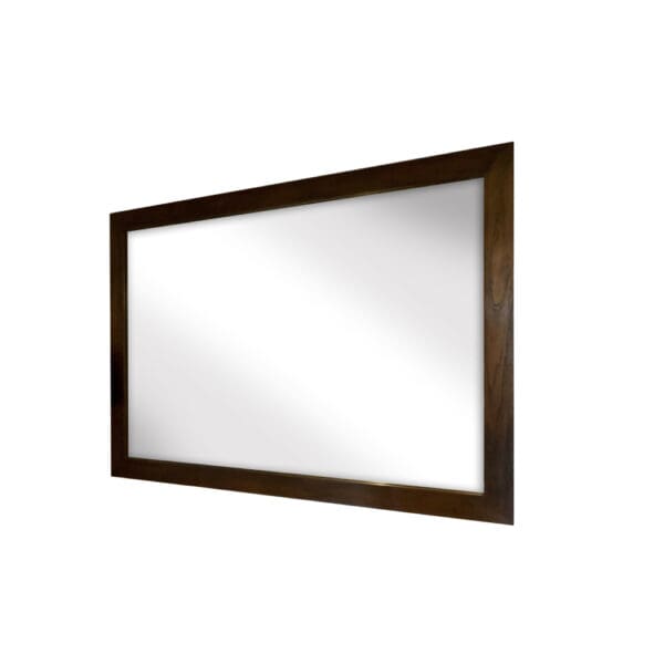 A mirror with a wooden frame on top of it.