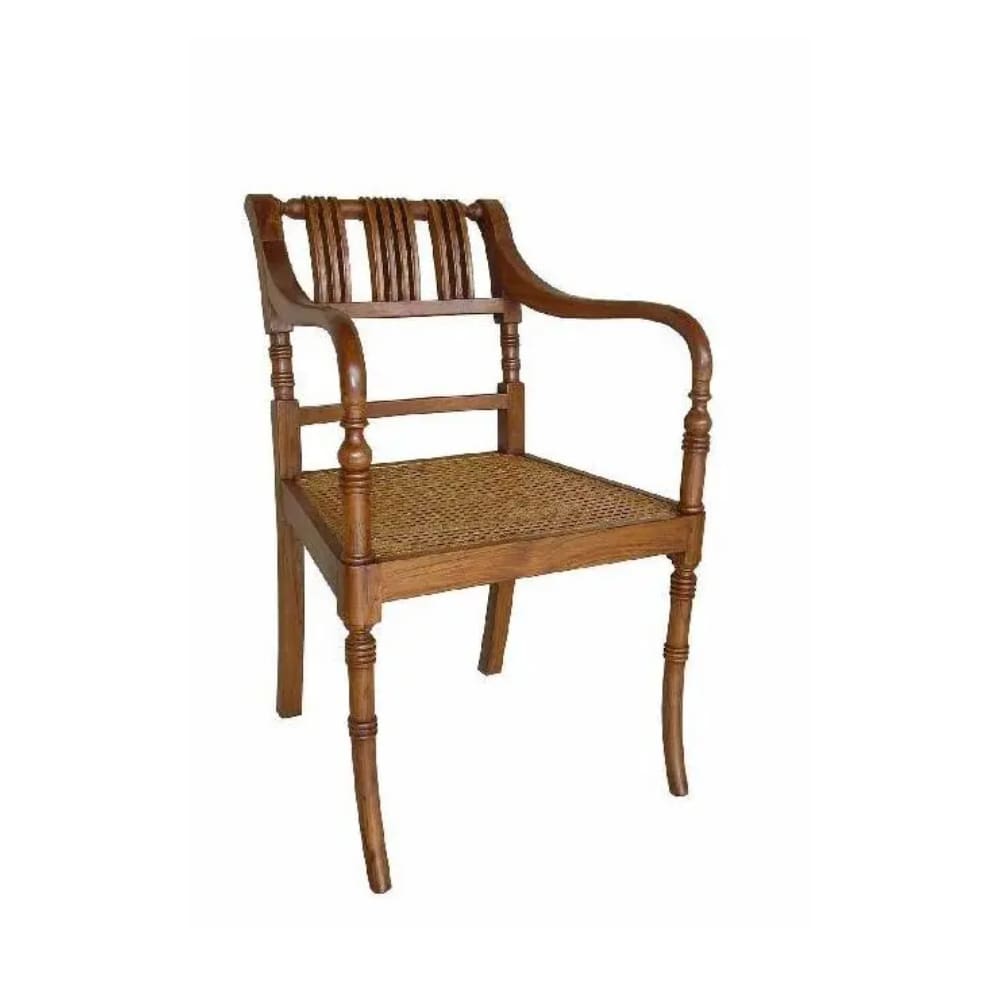 A wooden chair with a woven seat.