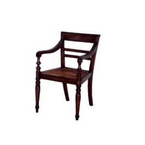 A wooden chair with a woven seat and back.