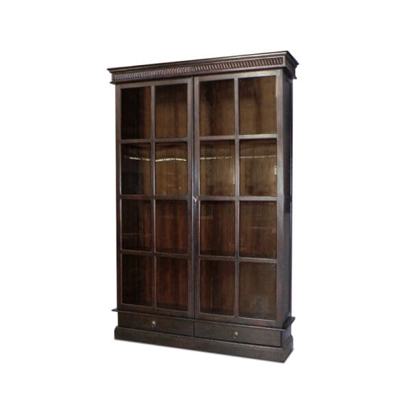 A large wooden bookcase with glass doors and drawers.