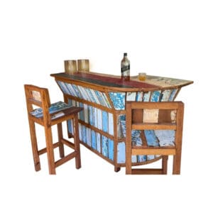 A bar with two chairs and a bottle of wine on top.