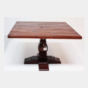 A square table with a wooden top and base.