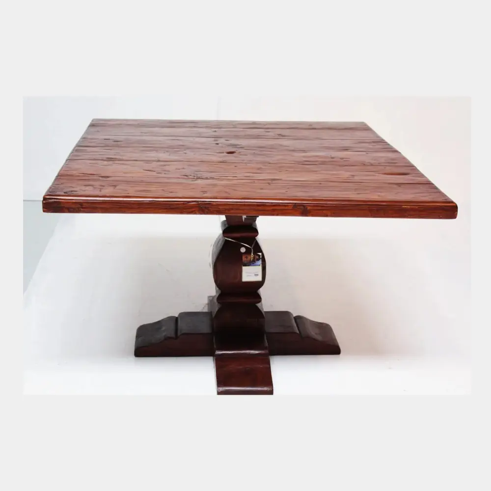 A square table with a wooden top and base.
