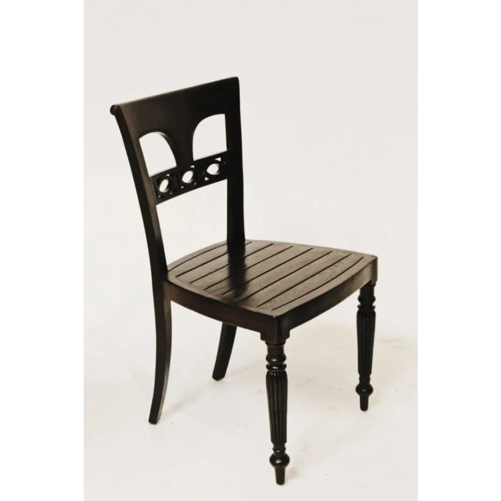 A black wooden chair with a wooden seat.