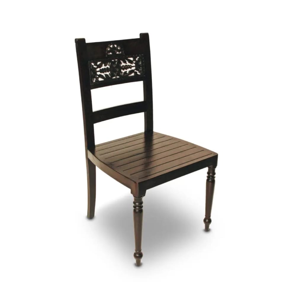 A wooden chair with metal legs and a black back.
