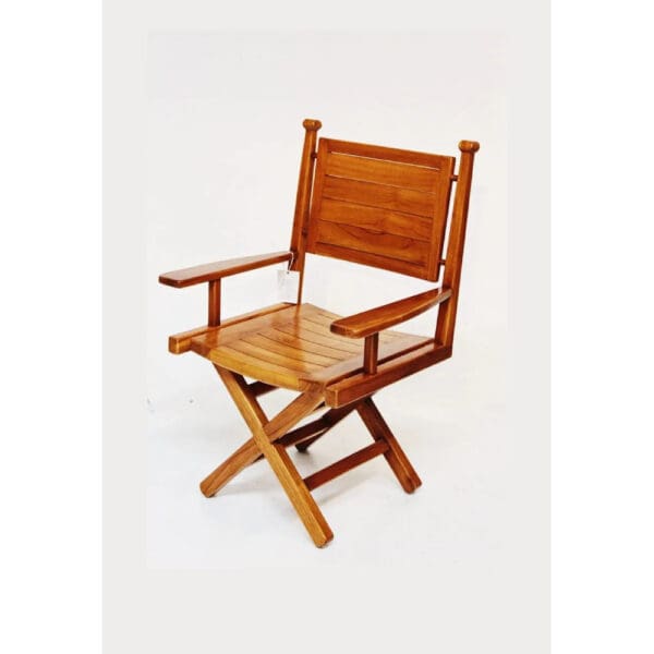 A wooden chair with arms and back rests.