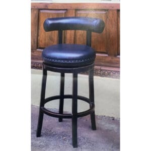 A black stool with blue seat and back.