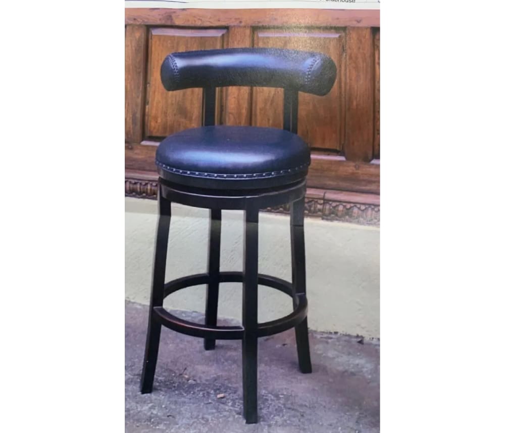 A black stool with blue seat and back.