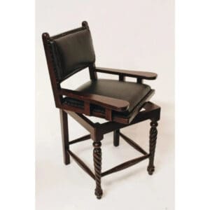 A chair with a black leather seat and back.
