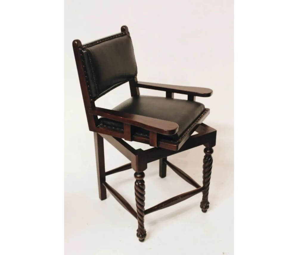 A chair with a black leather seat and back.
