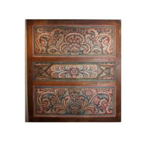 A wooden cabinet with three different designs on it.
